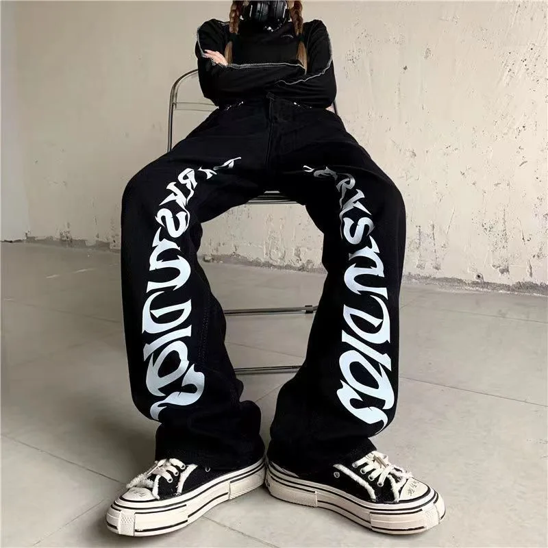 

European and American Black Jeans, Women's Spring and Autumn New High Waisted Straight Leg Pants, Loose and Slim Wide Leg Pants