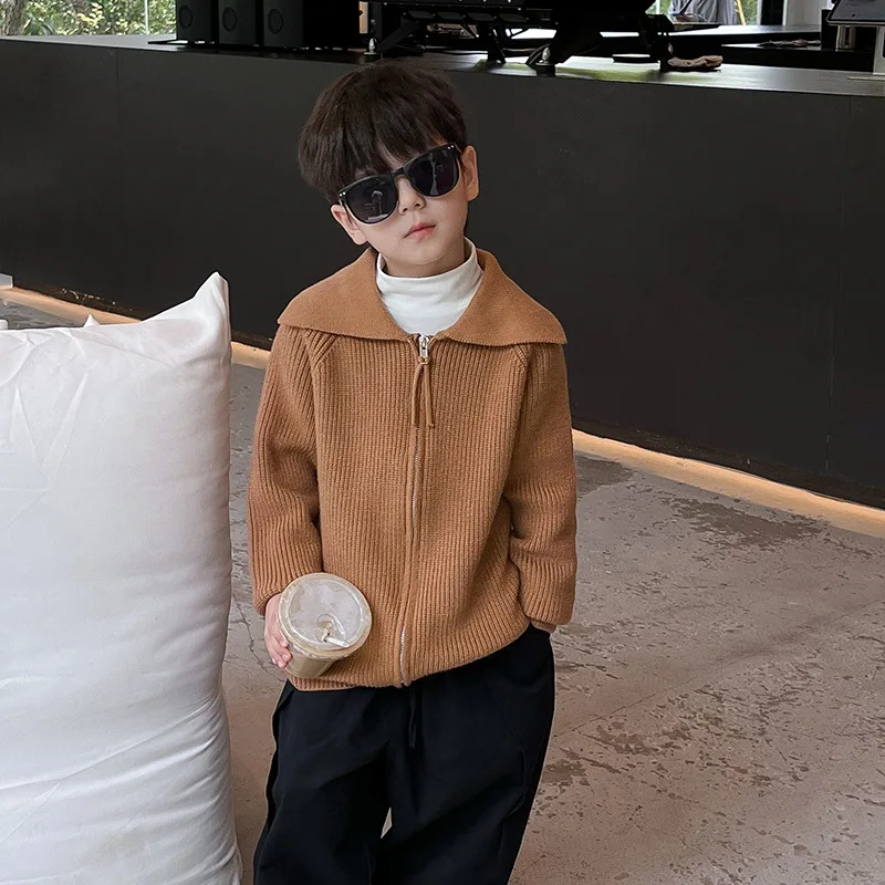 

Kids sweater Autumn 2023 children solid color navy collar knitwear boys fashion loose zipper cardigan
