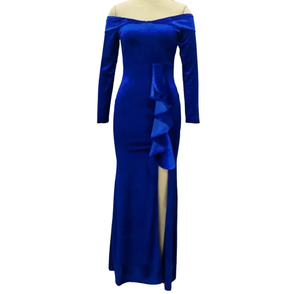 

Attractive Autumn Dress Ruffle Draped Stitching Ankle Length Bodycon Dress Split Hem Velvet Gown Long Dress
