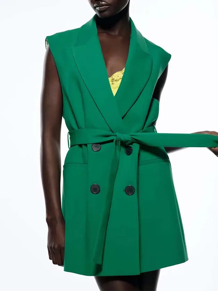 

Zar TRAF Women Fashion With Sashes Double Breasted Office Wear Waistcoat Vintage Sleeveless Female Vest Coat Chic Veste