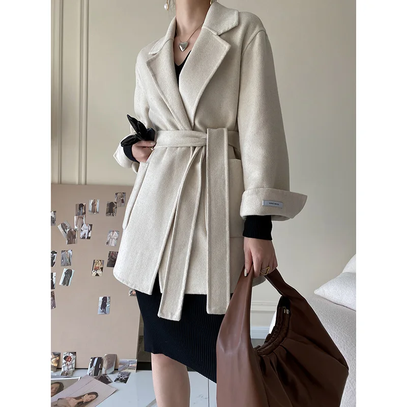 

Wool Double-sided Woolen Coat Women's Belt Suit Collar 2022 Autumn and Winter New Woolen Mid-length Coat Warm and Fashionable
