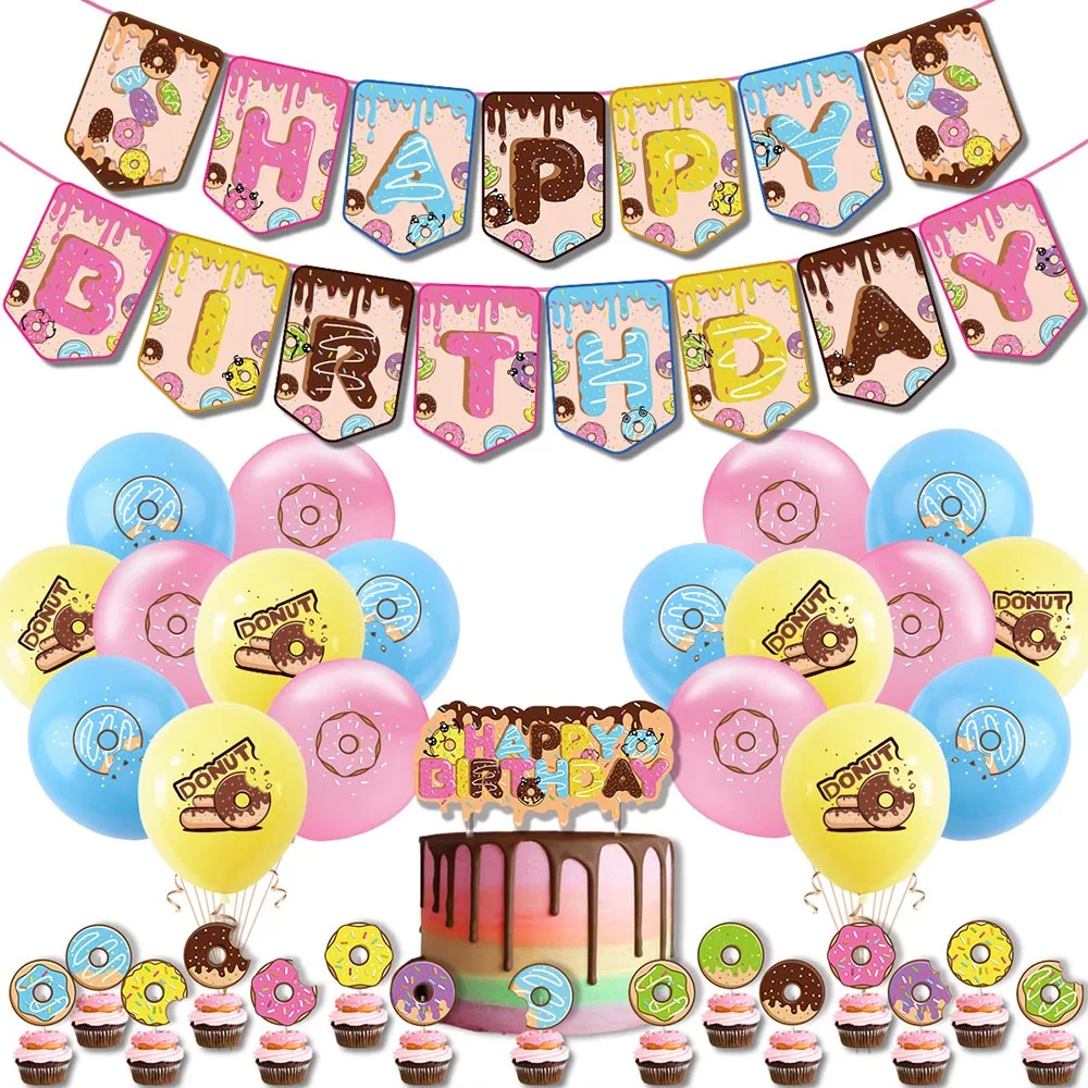 

Birthday Party Supply Colorful Cartoon Printed Dessert Themed Party Decor Reusable Banner and Balloons with Cupcake Topper pjop