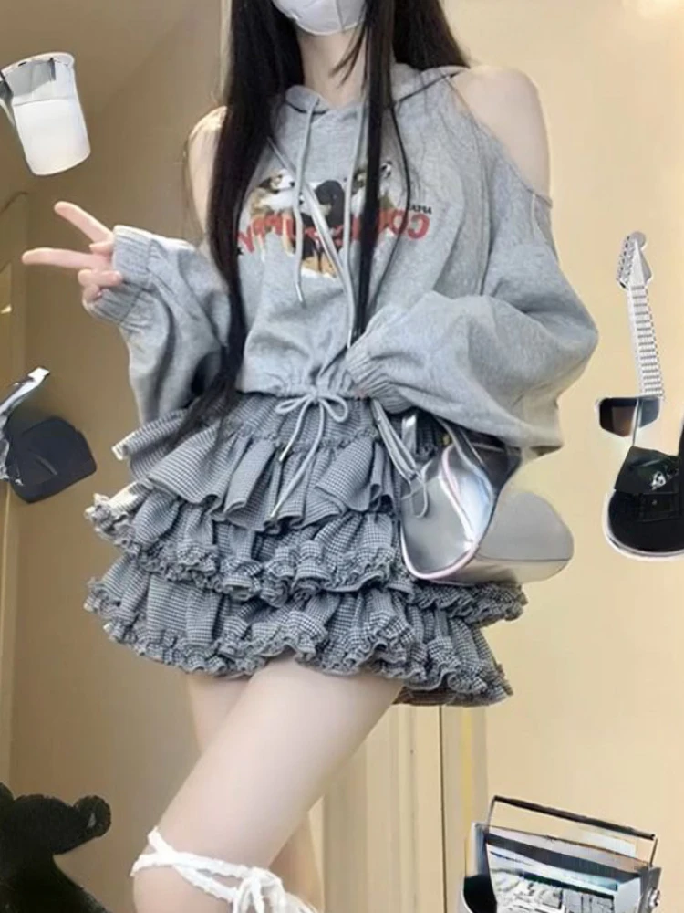 

Grey Korean Casual Two-piece Set Women Casual Elegant Skirt Suit Female Autumn Winter Off Shoulder Blouse + Cake Mini Skirt 2024