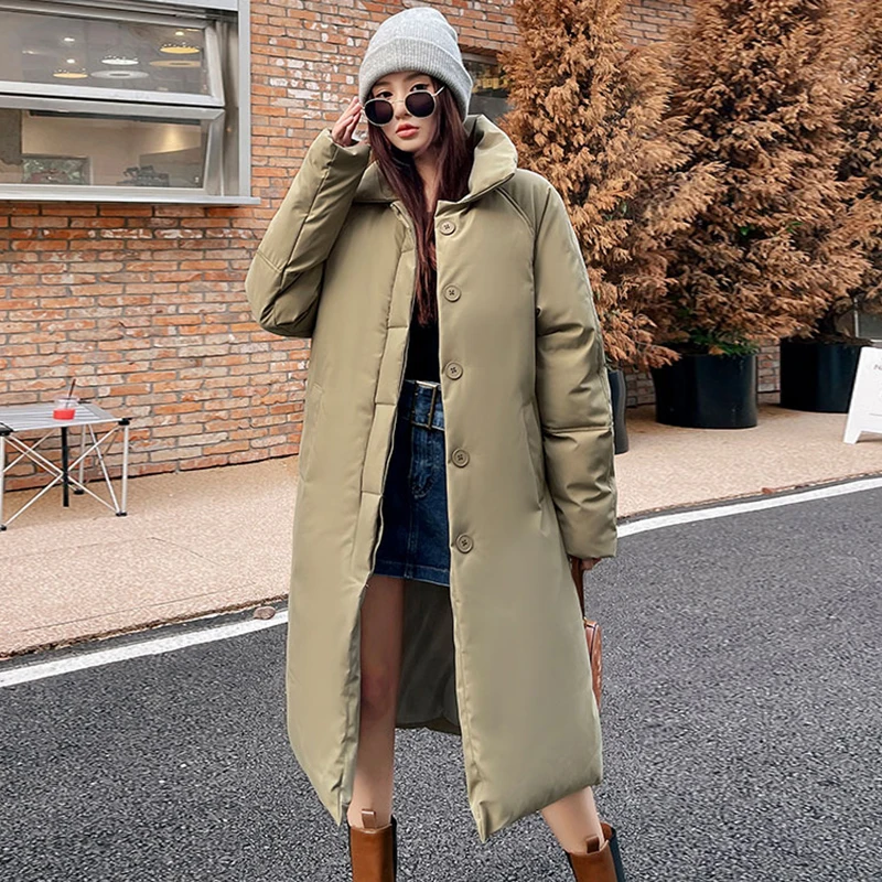 Winter 2022 Long Jacket Parkas Women New Streetwear Lapel Thick Warm Knee-High Coats Female Solid Oversized Down Cotton Jackets