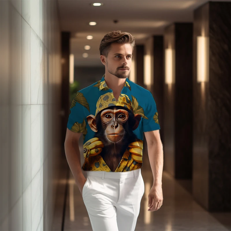 

Summer Men's Loose Casual Short-sleeved Shirt Simple All-match Shirt Animal Monkey 3d Printed Shirt Office Party Shirt