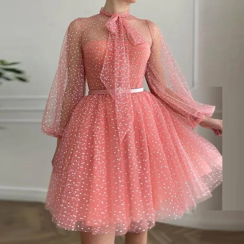 

French Style Polka Dot Mesh Stitching Long Sleeve Dress Sexy See-Through Slim Elegant Pink Dress Women Pleated Princess Dresses