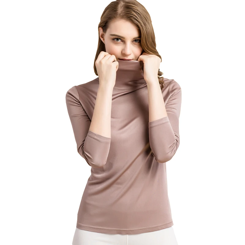 Women Turtleneck Long Sleeved Solid Pullovers Knitted Natural Silk Chic Bottoming T Shirt  Spring Autumn TOP YAMI0015