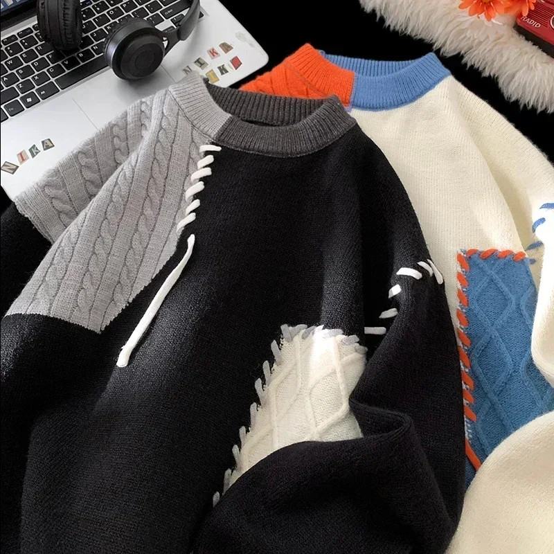 Autumn Patchwork Colour Round Neck Jumper Loose Warm Knit Sweater Lazy Wind Casual Bottoming Shirt Women Men Clothing