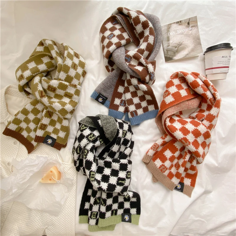 Клетчатый вязаный шарф для женщин, теплый зимний шерстяной шейный платок, толстая шаль в Корейском стиле, женское тёплое кашне Bufanda 2022