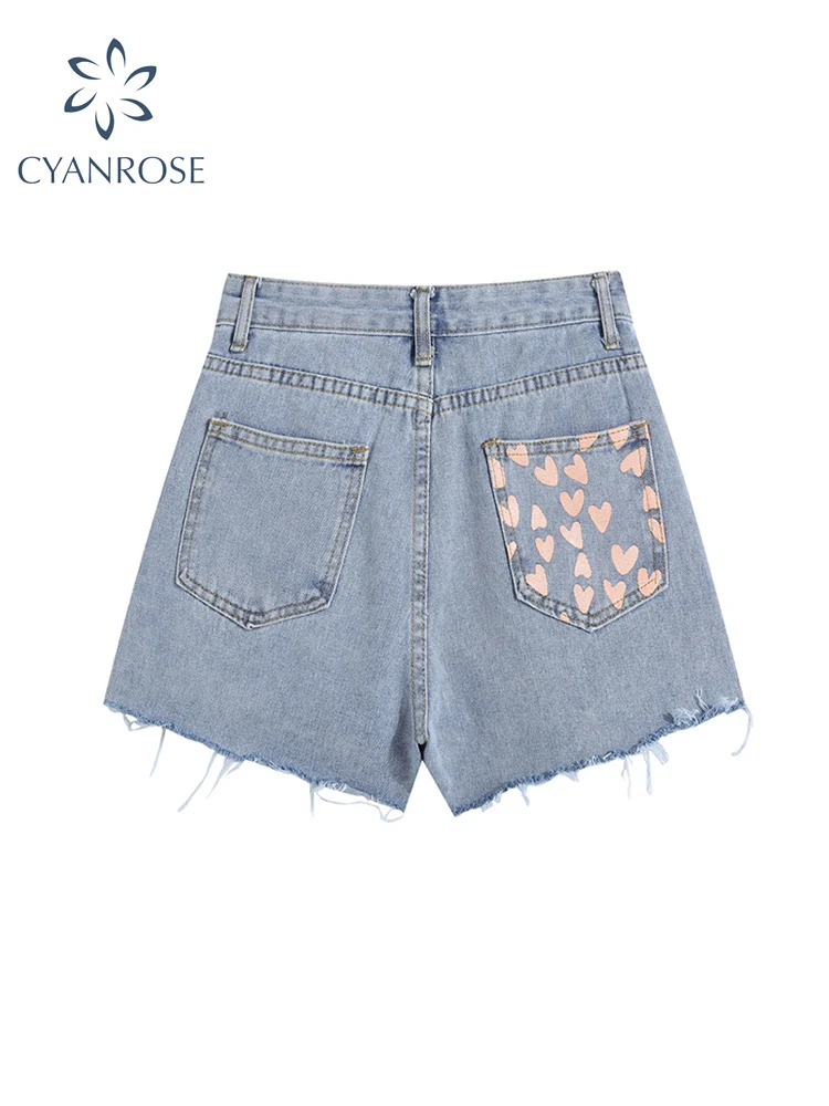 

Women's Wide Leg Jeans Shorts Heart Print Shorts Vintage Casual Elegant High Waist Spring Female Y2K E-girl Ripped Denim Shorts