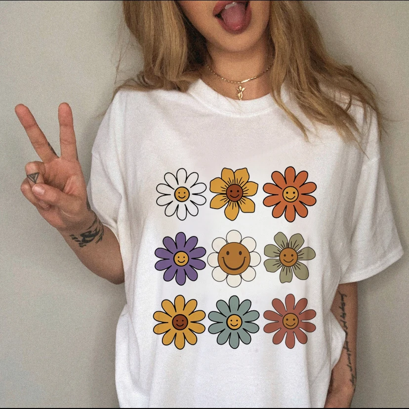 

Clothes T-shirts Short Sleeve Flowers Cute 2022 Print Women Cartoon Casual Fashion Graphic Regular Tshirt Top Lady Female Tee