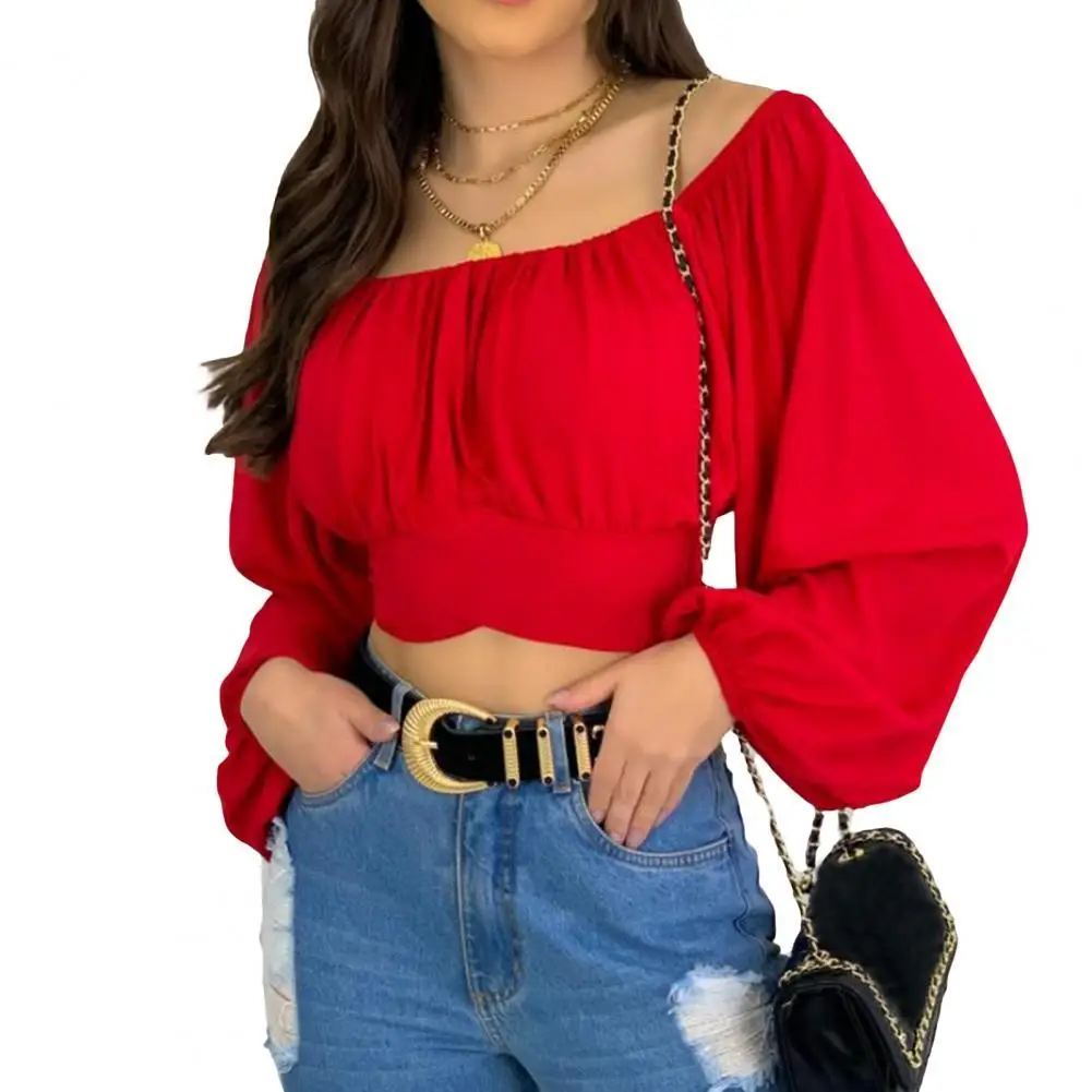 

Off Shoulder Long Sleeve T-shirt Tops Elastic Collar Solid Color Loose Women Blouse Off Shoulder Lantern Sleeve Pullover Top