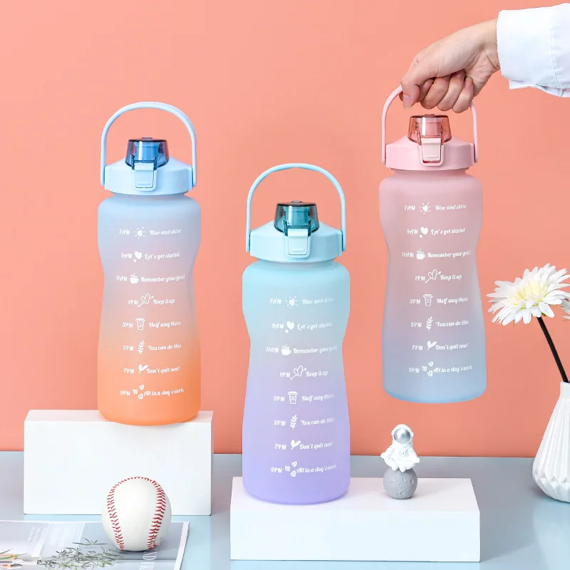 

2L Large Capacity Water Bottle With Straw Bounce Cover Frosted Cup With Time Scale Cute Stickers For Outdoor Sports Fitness