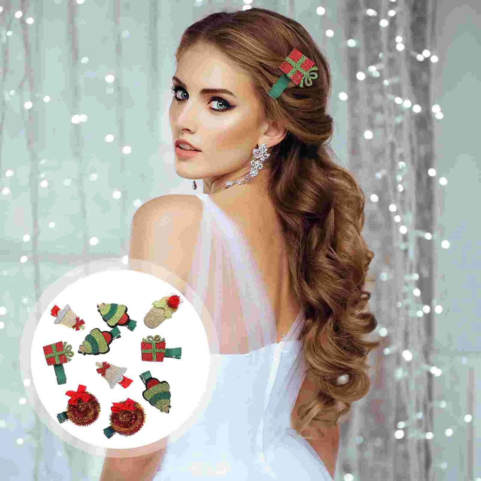 

10pcs Christmas Hairpin Santa Reindeer Bell Christmas Tree Hair Clips Christmas Glitter Hair Barrettes Christmas Party Favor