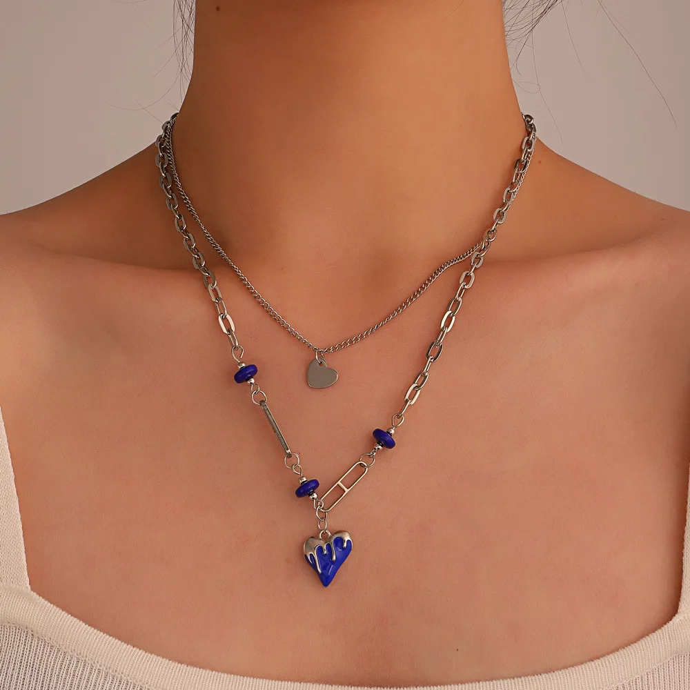 

Blue Heart Multilayer Pandant Necklaces for Women Hip Hop Trendy Niche Sweater Chains Choker Thick Chain Party Jewelry