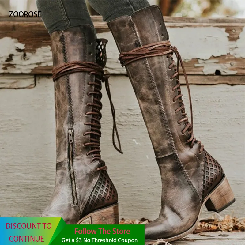 

Vintage Riding Boots Women PU Leather Knee High Combat Botas British Style Cross-tied Knight Booties Ladies Chunky Martins Shoes