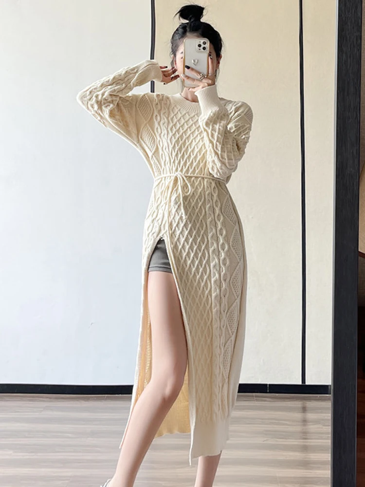 

2022 Autumn Winter New Korean Style Long Loose Twist Knit Dress Split Fork Above Knee Sweater Skirt Strap Halter Fitted Waist