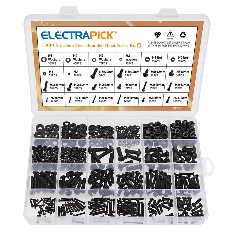 

Electrapick 730pcs Round Head Carbon Steel Socket Head Cap Screws Metal Socket with Nut Washer Metic Nut and Bolt Assortment