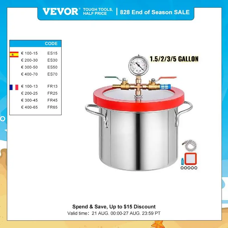 VEVOR Vacuum Chamber 1.5 /2 /3 /5 Gallon Stainless Steel Vac