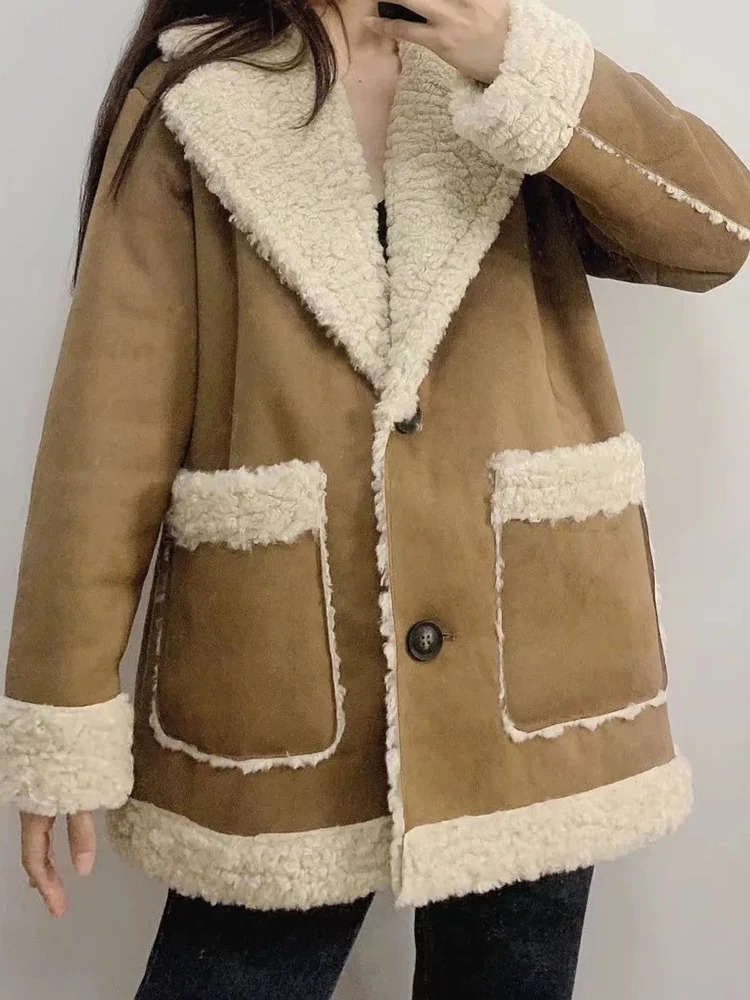 

Women Winter Wool Coat Faux Fur Fleece Jacket Double-side Lamb Outerwear Casual Locomotive Lapel Coat Female Thicken Warm Jacket