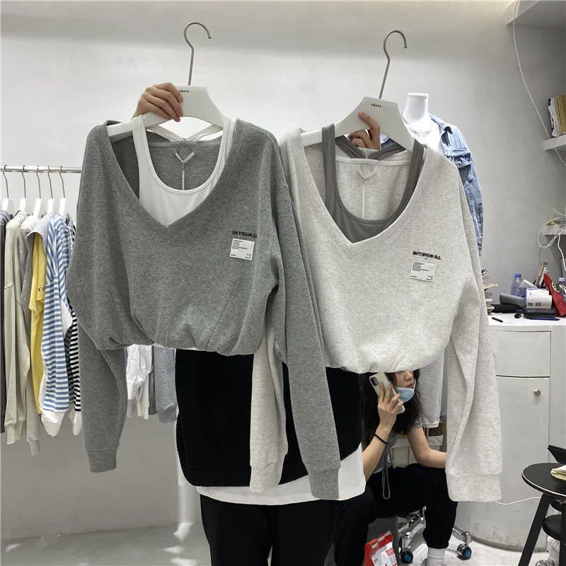 

Women Fake Two Pieces Strapless Crop Top Korean Fashion Preppy Style Blouse Harajuku Hoodie Loose Casual Pullovers Streetwear