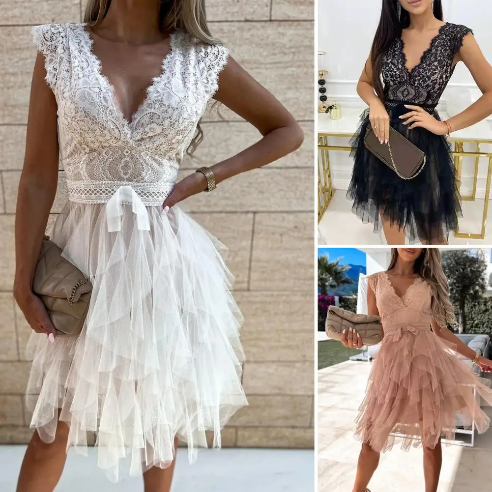 

Ladies Stylish Hollow Out A-Line Dress Summer Mini Dress Backless for Banquet