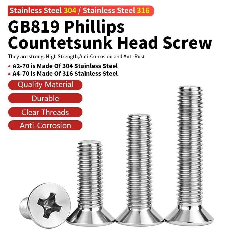 Фото Винты с потайной головкой Phillips GB819, из нержавеющей стали 304 316, с крестообразным шлицем, размеры M2 M2.5 M3 M4 M5 M6 M8 M10. №1