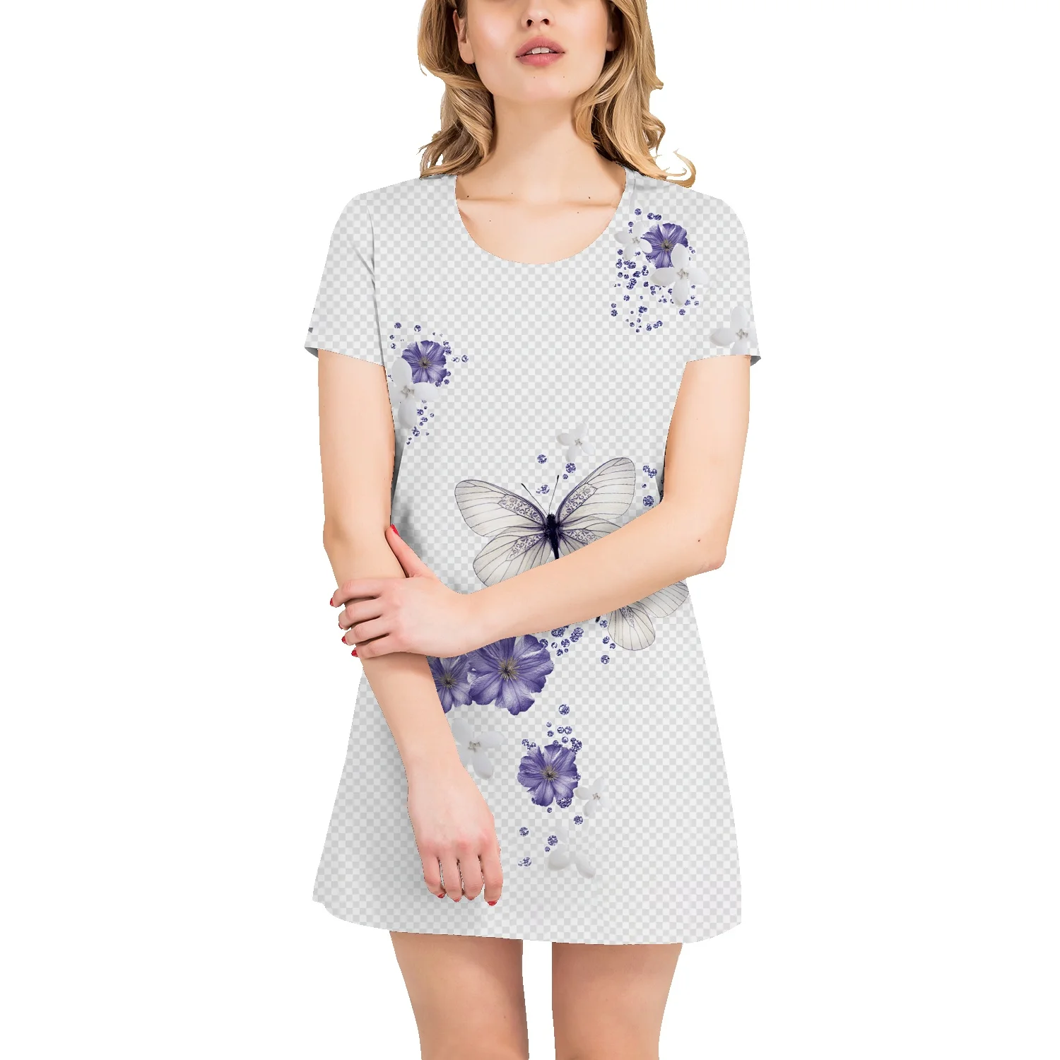 

Natural scenery hand-painted flowers new women's summer t-shirt skirt women round neck loose dress mid-length top skirt