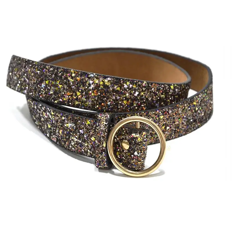 

Sequins Shiny Belt Women Elegant PU Leather Round Buckle 105CM Luxurious High Quality Party All-Match Waist Accessories 2023 New