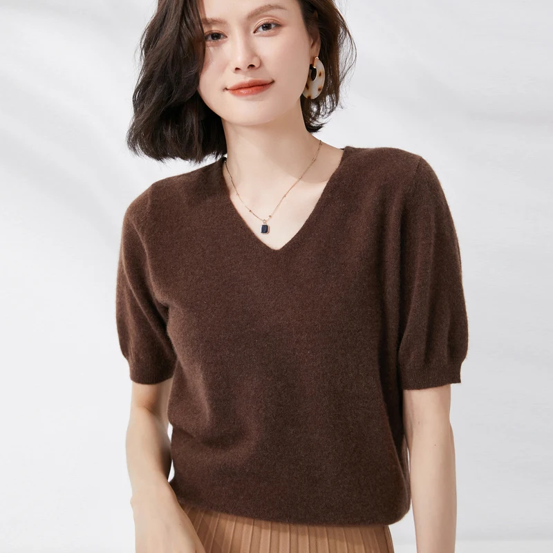 

Women's Round Neck Short-sleeved Sweater Pure Color Knitted Half-Sleeved Sweater New Thin Pullover in Spring and Summer