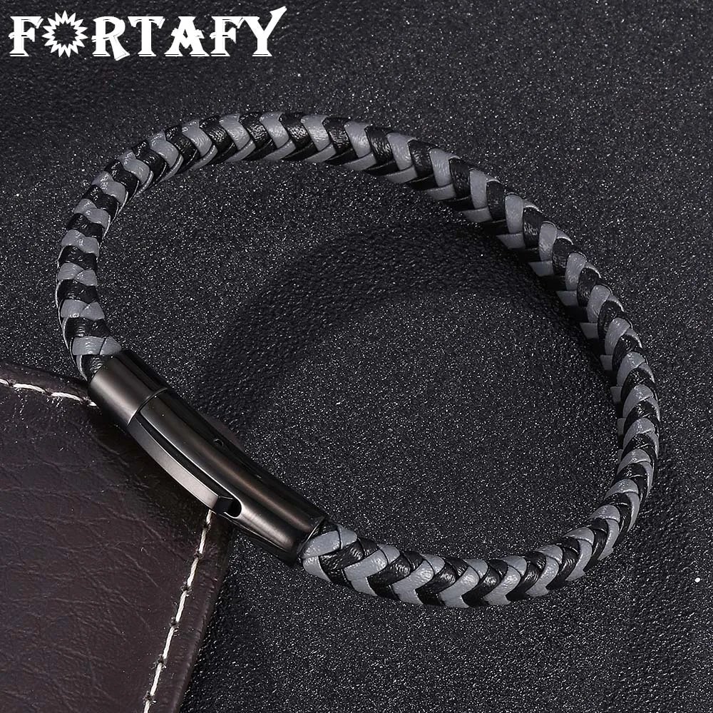 

FORTAFY Unisex Jewelry Black Gray Braided Leather Bracelet for Men Women Fashion Accessories S.Steel Clasp Leather Bangle FR0499