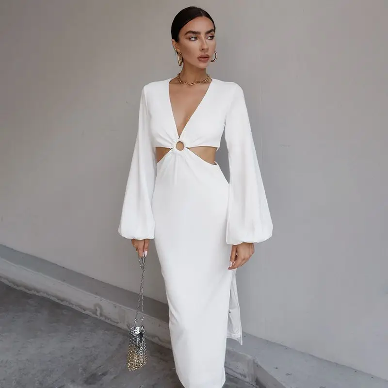 

V-neck Lantern Sleeve Hollow Dress