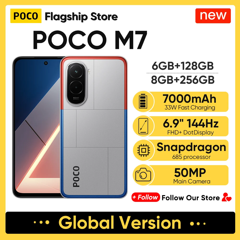 Фото Глобальная версия POCO M7, оригинальный смартфон Snapdragon 685 6,9 дюйма, 144 Гц, FHD + DotDisplay, 50 МП, 7000 мАч, аккумулятор, 33 Вт, быстрая зарядка, NFC №1