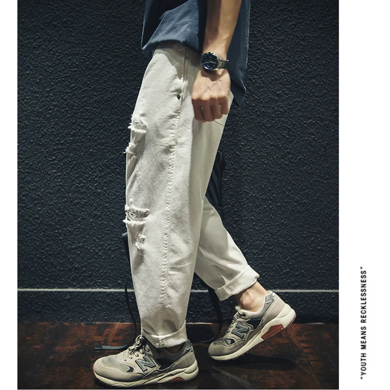 Streetwear Men 2022 New Pattern Vintage Recreational White Ripped Jeans Loose Straight Cylinder Broad Leg Trousers Autumn Female