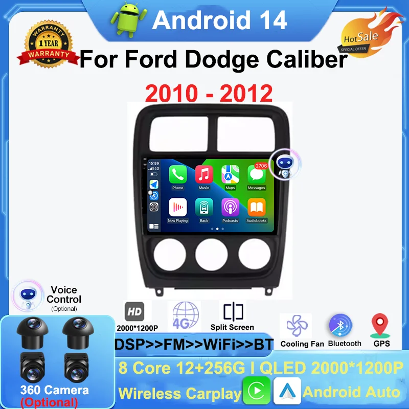 Android 14 авто беспроводной Carplay для Ford Dodge Caliber 2010-2012 автомобильный радиоприемник