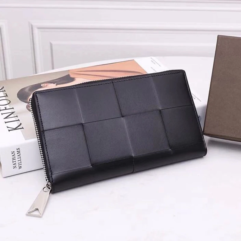 

Men's Simple Fashion Woven Large Plaid Long Zipper Wallet Women's Leather Luxury Brand Design Clutch Bag