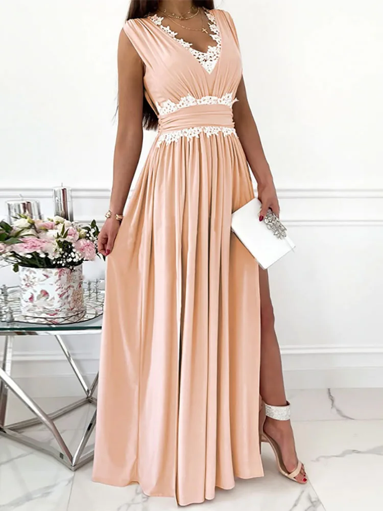 

Summer Elegant V Neck Sleeveless Long Dress Sexy Lace Splicing Pleat Waist Slim Party Dress Women Fashion High Split Solid Dress