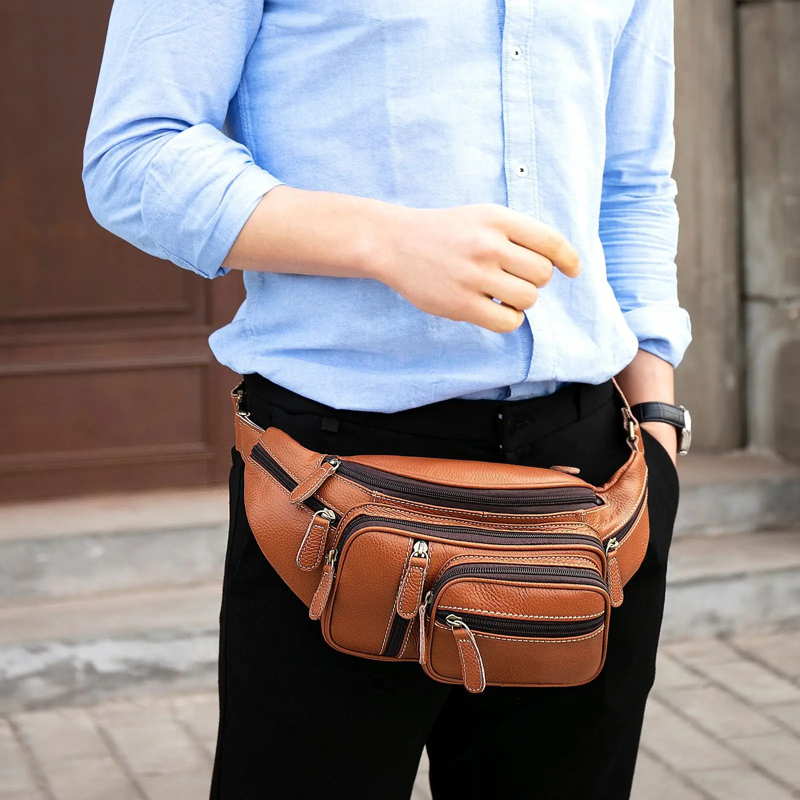 Genuine Leather Waist Bag for Men Cowhide Large Fanny Pack Waterproof Sport Hip Belt Chest Bag Shoulder Crossbody Sling Backpack