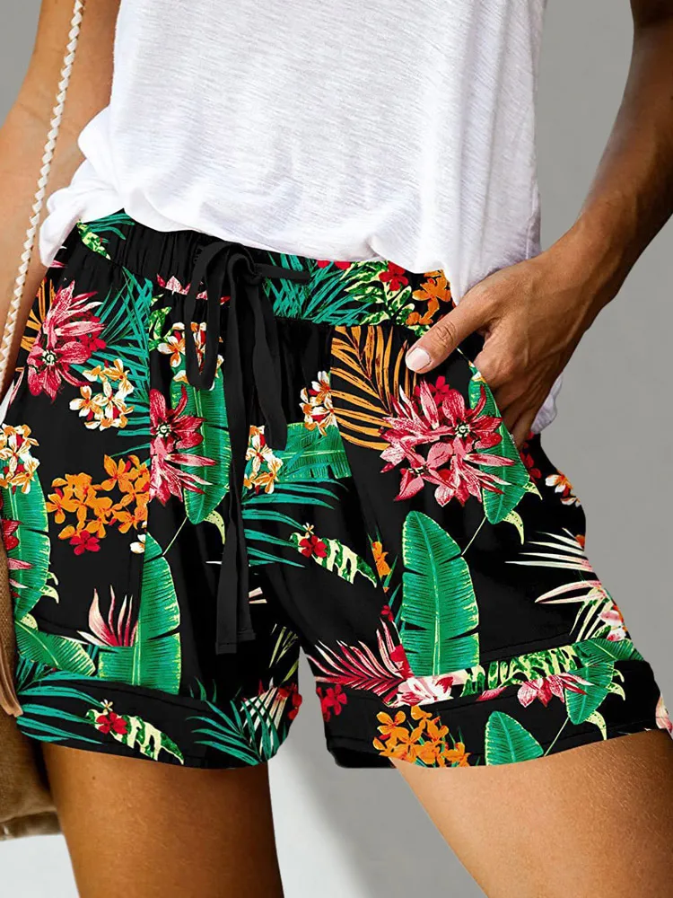 Floral Palm Leaf Drawstring Pocket Shorts Summer Women Shorts Casual Shorts Fitness Exercise Beach Shorts Breathable Men Shorts