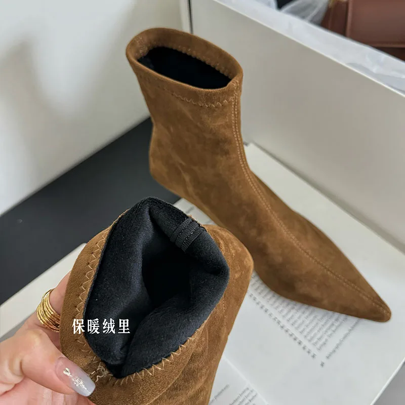 Ботильоны женские Стрейчевые из флока заостренный носок без застежки