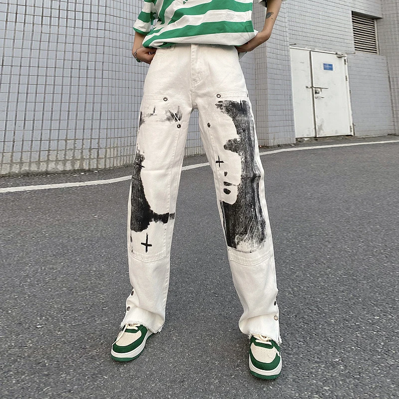 Men Punk Denim Pants Y2K Streetwear Hip Hop Graffiti Graphic Print Straight Jeans Pants Fashion Harajuku Casual Trousers Grunge