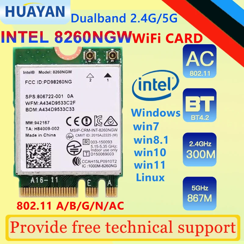 Módulo de placa de rede sem fio, wi-fi, intel 8260 band 2.4 + 5ghz 867m 2x2, bluetooth 4.2 ngff m.2, para intel ac 8260 8260ngw