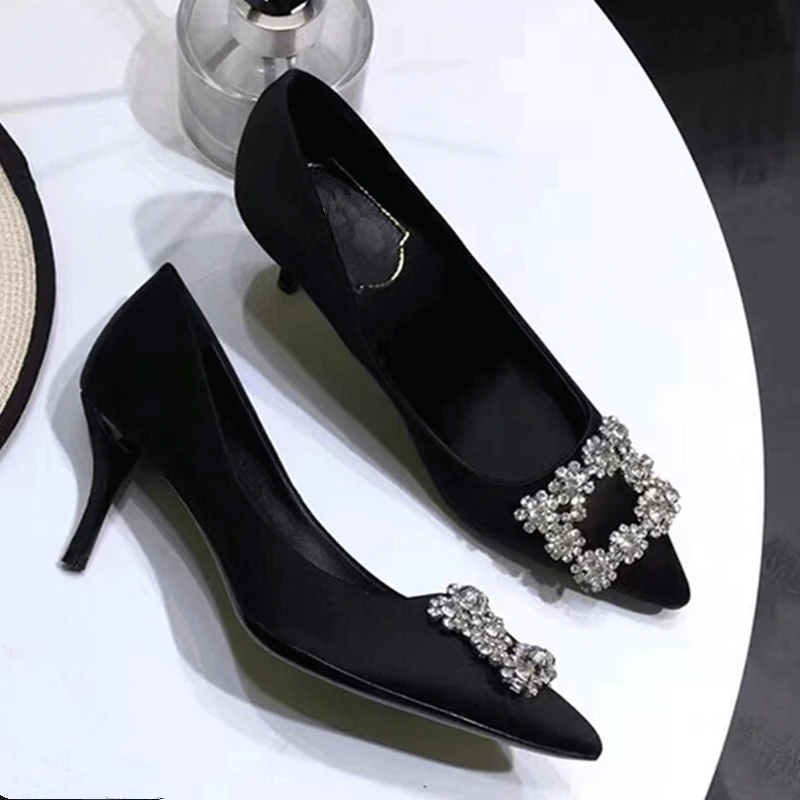 2023 European and American ladies new pointed high heels rhinestone crystal square buckle wedding shoes