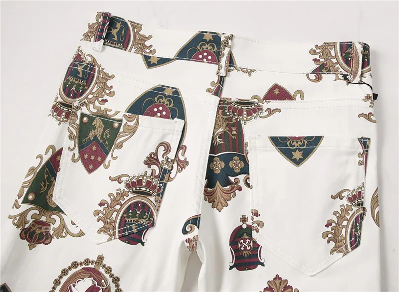 Men's Badge 3D Printed White Jeans Fashion Colored Drawing Slim Fit Stretch Pants Long Trousers for Men