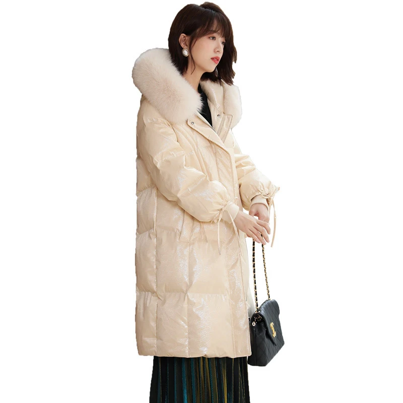 Пуховик женский средней длины 90% Пух белой утки свободный корейская мода большой