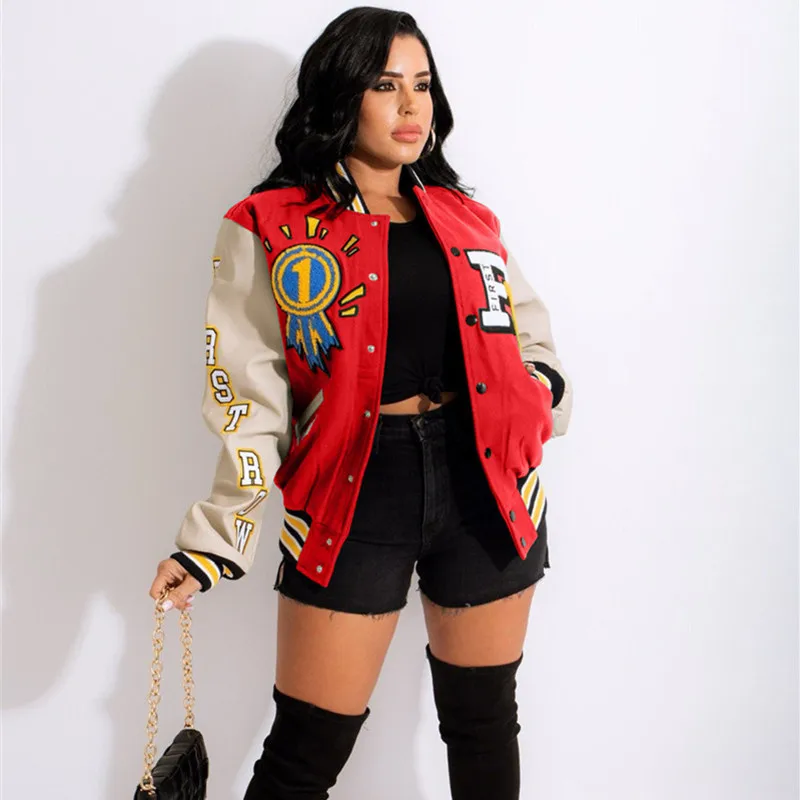

Balogun Winter Print Loose Varsity Jacket Coat Patchwork Workout Jackets For Women 2022 Streetwear Baseball Bomber Jackets