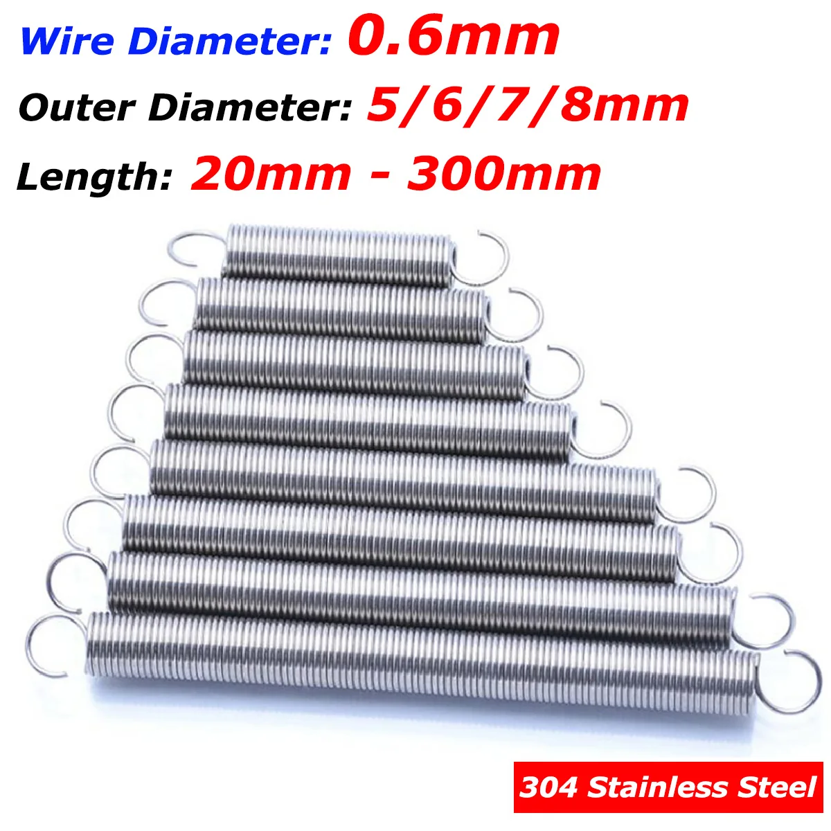 

304 Stainless Steel Wire Dia 0.6mm Open S Hook Tension Spring Coil Extension Springs Outer Dia 5/6/7/8mm Length 20mm - 300mm