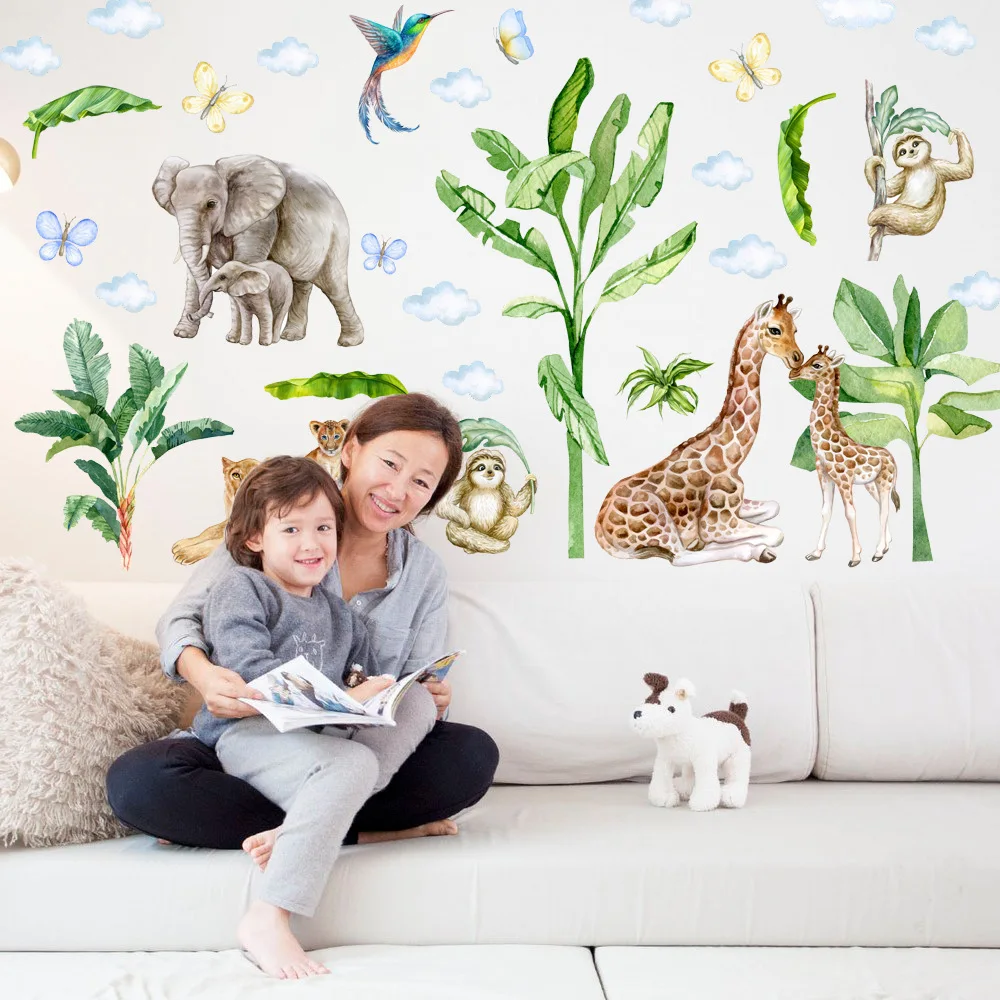 Мультяшный динозавр животные Лев тропические листья акварель стикер на стену