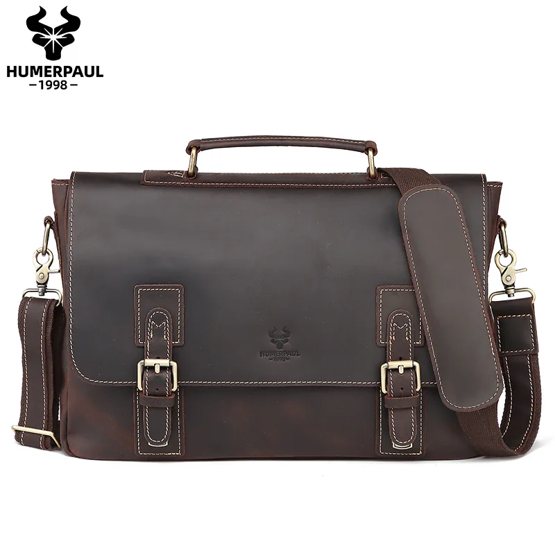 HUMERPAUL Business Briefcase Handbag for Laptop Crazy Horse Leather Messenger Office Bag Large Capacity Male Travel Shoulder Bag