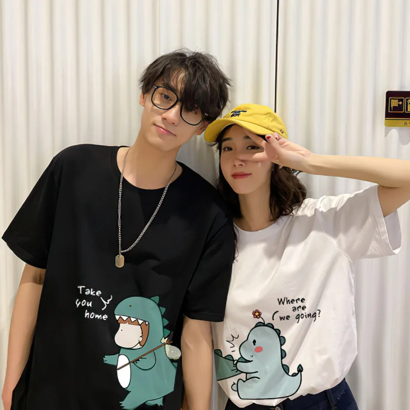 

Cute Cartoon Print T Shirts Couple Clothing Summer O Neck Loose Short Sleeve Tops Women Mid Length Tees Valentines Day T-shirt